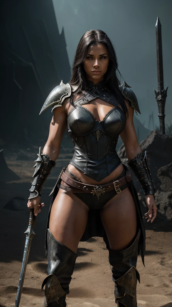 "fantasy warrior woman in a dark, atmospheric setting, confrontational pose, looking directly at the viewer, minimal armor, dark metallic, sharp angular shoulder armor, chest plate, ornate belt, minimal cloth, intricate jagged forearm guards and leg armor, muscular physique, dark skin, practical hairstyle, holding a staff or club, dark and indistinct background, sandy ground, dramatic high-contrast lighting, highlights and shadows, blend of realism and fantasy"
