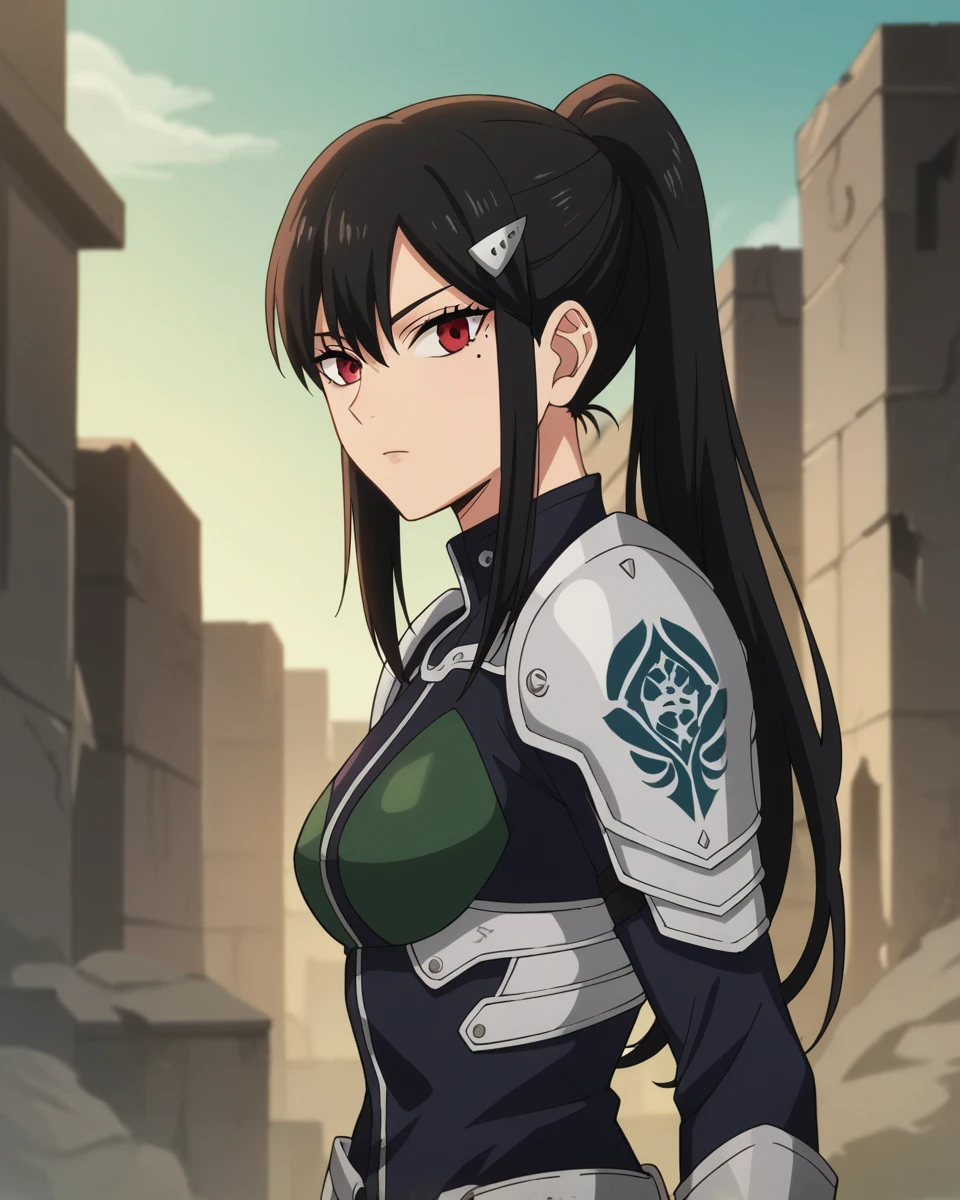 , score_9, score_8_up, score_7_up, score_6_up, score_5_up, score_4_up, source_anime, masterpiece , anime screencap,  absurdres, minaashiro, black hair, ponytail, long hair, hair ornament, mole under eye, mole, red eyes bodysuit, armor, wide_hips upper body, destroyed_city ruins, looking at viewer, in a dynamic fight posem, confident, from side,