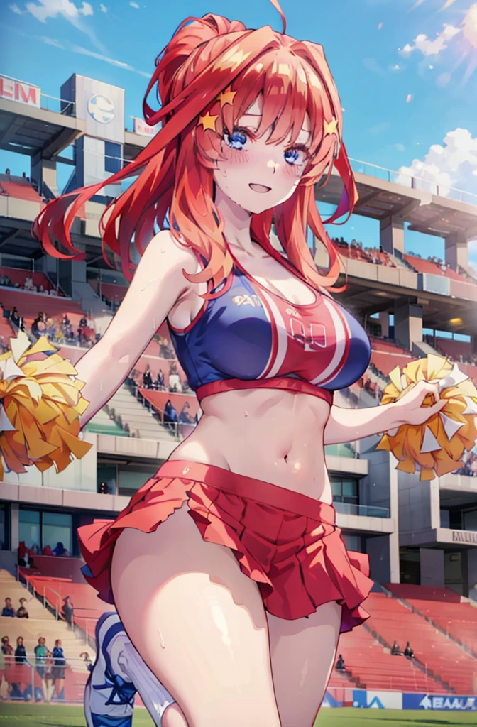 itsukinakano, Itsuki Nakano, bangs, blue eyes, hair between eyes, Ahoge, Redhead, star \(symbol\), happy smile, smile, Open your mouth,hair ornaments, star hair ornaments,(cheer leading), (whole body), Big Breasts, Lower, (Sweaty), Sweaty Wet Clothes (Red clothes), No sleeve,Belly button support, playground, (Jump), (Jump), 足を曲げてJumpする, air, blue sky, Grass原, smileのチアリーダー, Pom-pom \(cheer leading\), Grass, whole bodyがイラストに入るように,
break outdoors, Stadium,
break looking at viewer, whole body,
break (masterpiece:1.2), Highest quality, High resolution, unity 8k wallpaper, (shape:0.8), (Fine and beautiful eyes:1.6), Highly detailed face, Perfect lighting, Highly detailed CG, (Perfect hands, Perfect Anatomy),