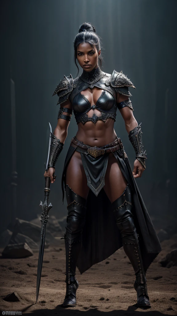 "artistic image of a fierce warrior woman, dark atmospheric background, strong pose, intense expression, minimal dark metallic armor, sharp angular shoulder pieces, chest plate, ornate belt, minimal cloth, detailed jagged forearm and leg guards, muscular build, dark skin, hair pulled back, holding a thick staff, indistinct dark background, dusty ground, dramatic lighting with high contrast, emphasis on muscles and armor, realism with fantasy elements"
