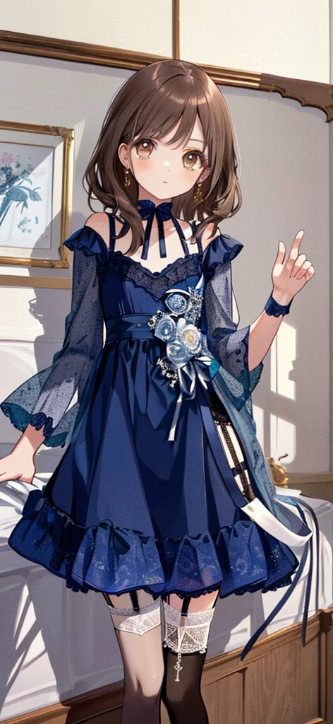 ((masterpiece)), ((best quality)), ((ultra detailed)), ((kawaii)), cute, (lovely), ((extremely detailed)), ((8K)), (beautiful), full body, luxury room, a cute girl, 1girl, solo, blue mini camisole dress,beautiful light brown hair, ((detailed beautiful brown eyes)), white-skinned, flat breast, tiny breast, garter belt,(garter stockings:1.4),pink eyeshadow