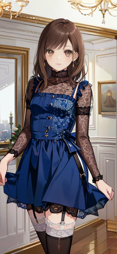 ((masterpiece)), ((best quality)), ((ultra detailed)), ((kawaii)), cute, (lovely), ((extremely detailed)), ((8K)), (beautiful), full body, luxury room, a cute girl, 1girl, solo, blue mini camisole dress,beautiful light brown hair, ((detailed beautiful brown eyes)), white-skinned, flat breast, tiny breast, garter belt,(garter stockings:1.4),pink eyeshadow