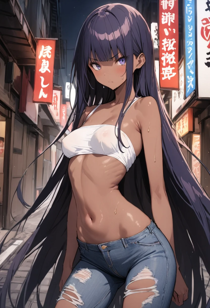 Monster Attack、(((masterpiece, Highest quality:1.3,absurdres))),nsfw,25 year old beauty,solo,((very small head:1.3)),long hair,bangs,dark blue hair,dark blue eyes,gorgeous eyes,Serious expression、medium breasts,((very long body:1.2)),((toned body,slender body)),skinny,(tan skin),gleaming skin,shiny skin,sweat,((ripped jeans)),((White tube top,navel)),Sword in both hands、Fighting spirit、standing,on street,Tokyo、at night、