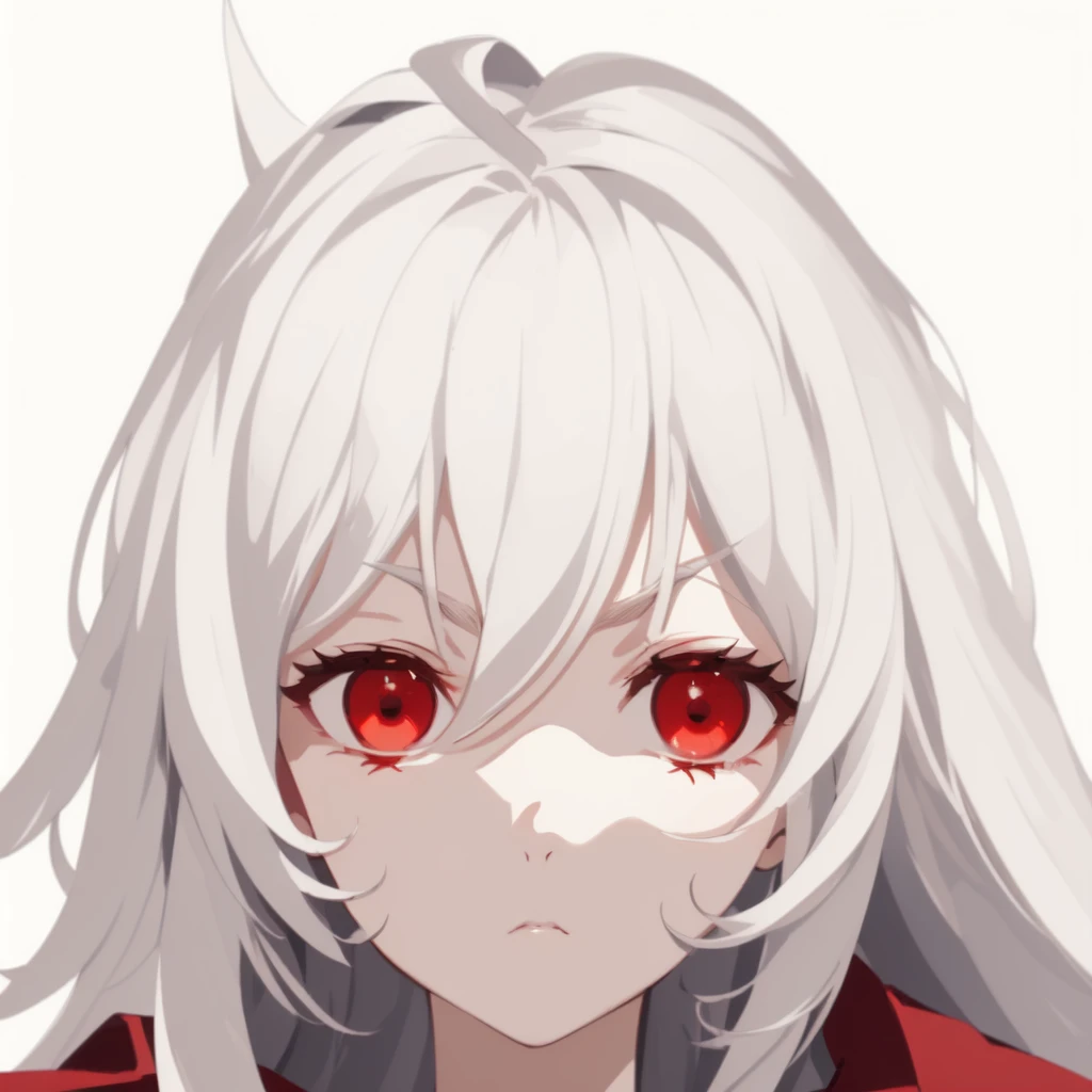 masterpiece, best quality, comic, girl, right profile, long hair, white hair, expressionless, red eyes, avatar, sad, ahoge,