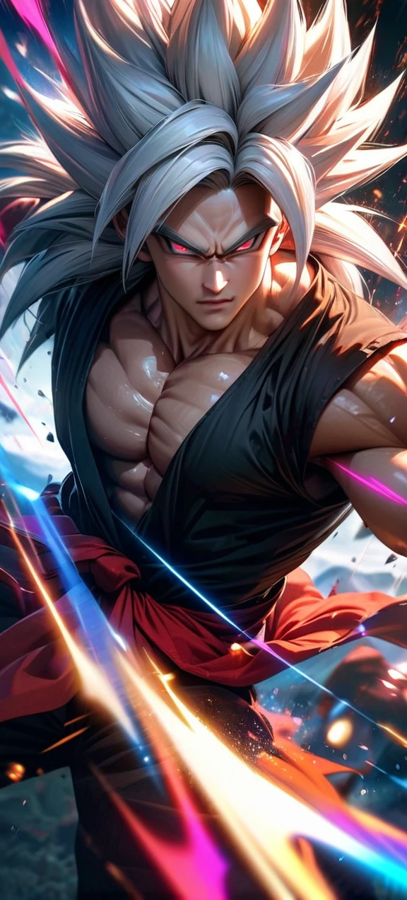 High quality, ultra realistic,absurdres, highres, ultra detailed, HDR, masterpiece, extremely detailed face and eyes, super saiyan 5 goku , dragonball,,long white hair ,black shirt , solo, ,man, handsome, , , Epic fight scene, colorful splashing effect,colorful lightning effect,glowing glitters ,