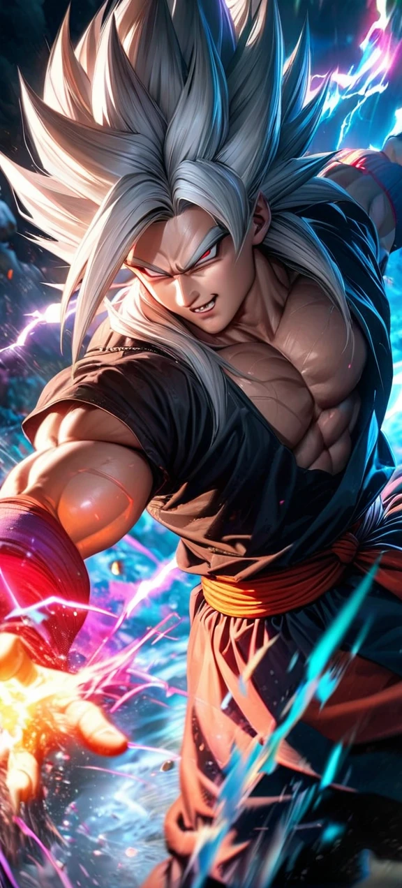 High quality, ultra realistic,absurdres, highres, ultra detailed, HDR, masterpiece, extremely detailed face and eyes,  super saiyan 5 goku , dragonball,,long white hair ,black shirt , solo, ,man, handsome, , , Epic fight scene, colorful splashing effect,colorful lightning  effect,glowing glitters , 