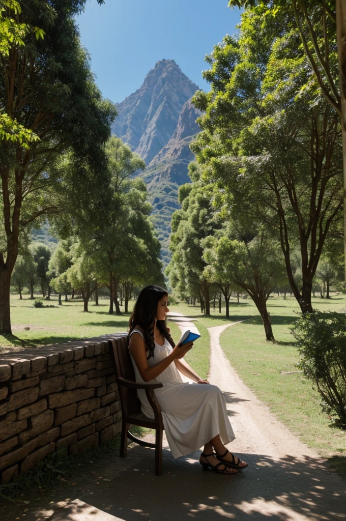 Una chica leyendo parada en un paisaje