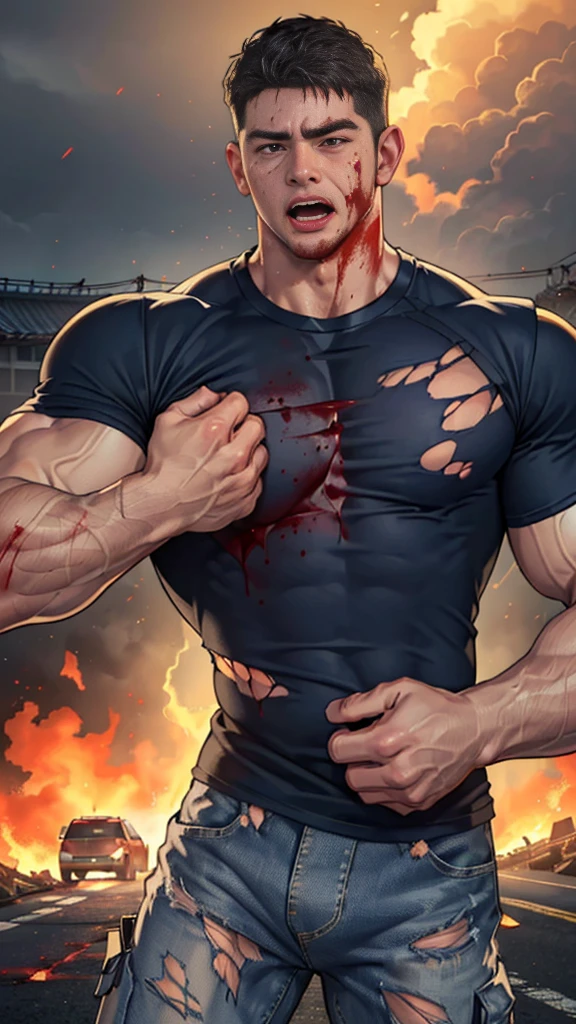 (Create a masterpiece: 1.2),(CGI art:1.3),(realistic:1.5),(After processing:1.3),(Sharp focus:1.3), (man Fight, join in battle:1.5 ),sunglass, straight, front ,Chris Redfield ,(black hair), smile open mouth, (Wear color navy round neck T-shirt: 1.5), (with a Police badge: 1.2), navy cargo, (Torn shirt:1.6), (wound: 1.3) , (blood splatters) ,( abrasions on face: 1.5), (Blood stains on the face and body: 1.4), Korean guy , korean men, (High gloss details), chest muscles, large arm muscles, blood vessel, Big muscles, Broad shoulders, looking at the audience, Balancing the eyes, middle of the road,(Fire blazes behind) ,(open mouth:1.6)