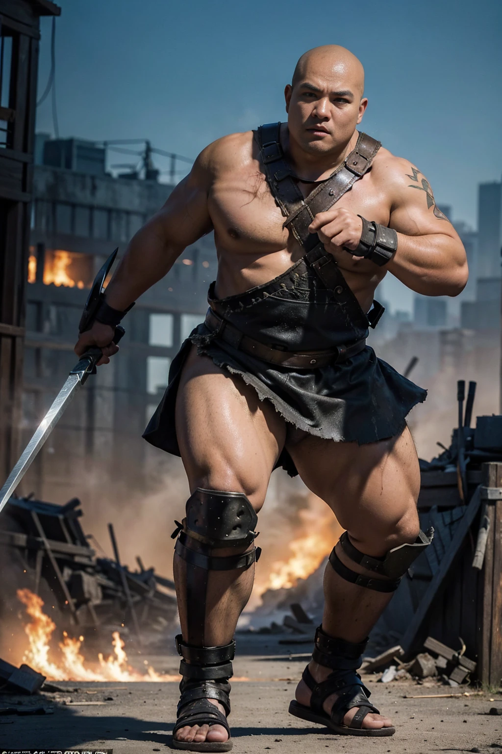 looking at us, Staring Intently, face focus, Bandit, Fat ferocious barbarian:2, This barbarian is a robust stocky Japanese, smirking, mid combat, intense battle scene, leather and iron armor, armored short skirt, holding a Viking War Axes, viking helmet, legs exposed from thighs to feet, fierce warriors, ancient battlefields, epic showdown, battleground background, breathtaking action, masterpiece, volumetric lighting, Dramatic, Uighur the Warden, breathtaking action, dynamic poses, bald, ((ultra sharp)), ((masterpiece)), ((best quality)), ((ultra detailed)), ((intricate details)), Inguinal region detailed, Dilapidated, destroyed city after big air raids, fire, A desolate, post-apocalyptic cityscape, A brutal scene, casting an ominous shadow, 