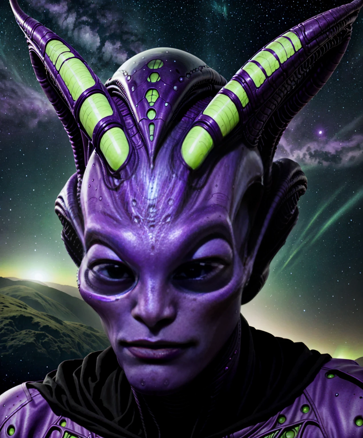 alien extraterrestrial persons exotic aliens facial features purple green cosmic scenery landscape
