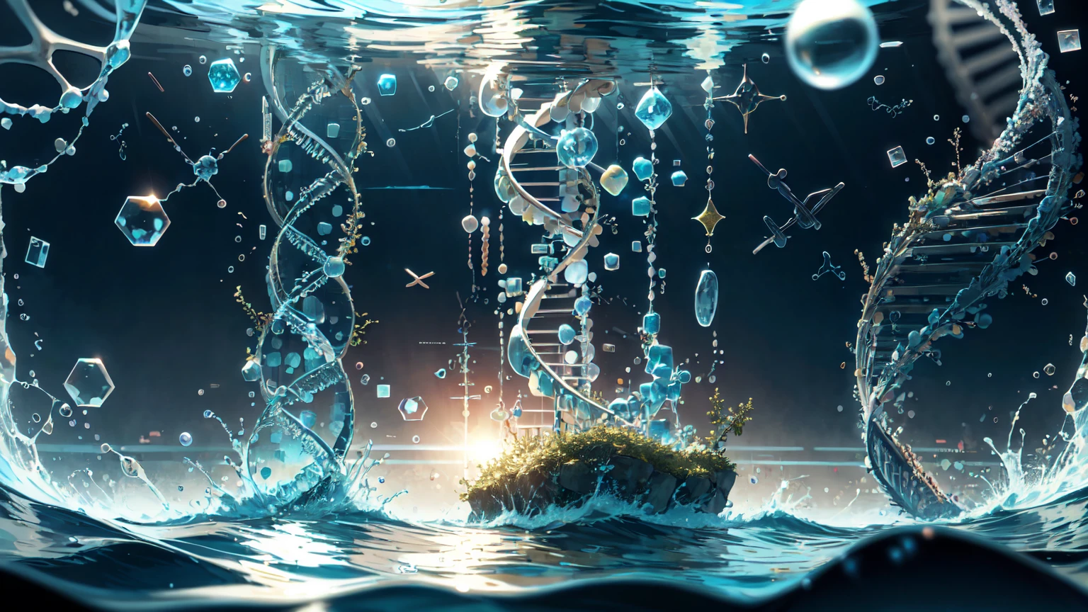 concept art, front cover, flat design, detailed beautiful DNA double helix in water, absurdres, best quality, bubbles, life, biology, molecule