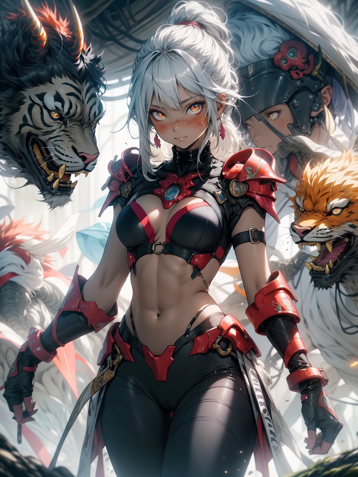 Be realistic,(masterpiece,Highest quality,Highest quality,Very detailed,Fractal Art,Most detailed,(Abstract background:1.5)(1 Girl),Kamimei,(Orange ponytail),(Orange eyes glow、Big Breasts、Toned Abs,Stunned),crystallization,Black Bikini、High leotard、Sexy、Orange Machine Armor、Sunburned skin、Demon Horn、Berserk、Wound on stomach