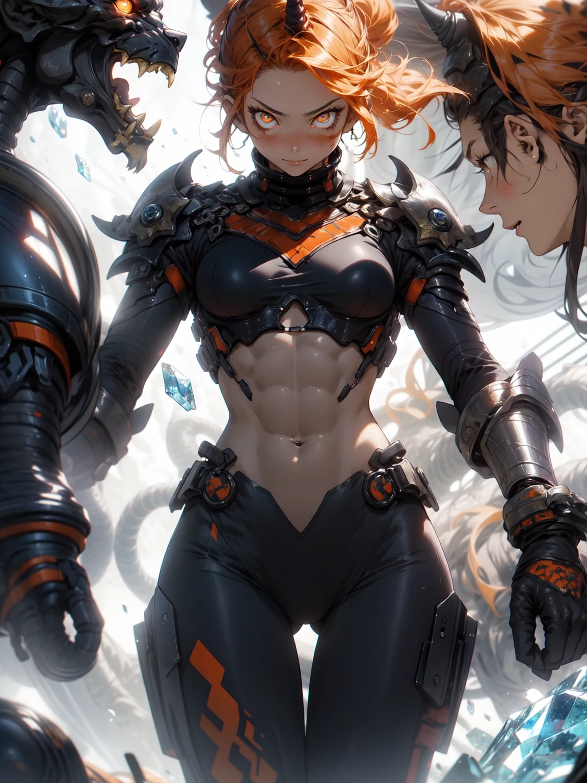 Be realistic，（masterpiece，Highest quality，Highest quality，Very detailed，Fractal Art，Most detailed，（Abstract background：1.5）（1 Girl），Kamimei，（Orange ponytail），（Orange eyes glow、Big Breasts、Toned Abs，Stunned)，crystallization，Black Bikini、High leotard、Sexy、Orange Machine Armor、Sunburned skin、Demon Horn、Berserk、Wound on stomach