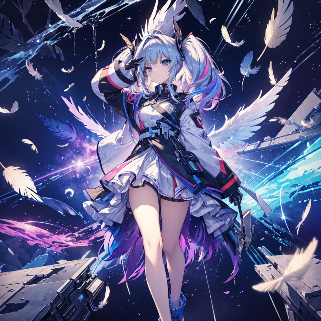 ((Archangel Fantasy Rainbow Hair Make your hair rainbow-colored on the inside Twin tails Dull blue eyes)) ((Has a galaxy uniform Put on a coat without putting your arms through it)) (((Wings many times larger than mine Gradient Feathers Glass Feather))) Pillar of Light cyber punk Smiling Kindly front)) ((tears gloves)) (Broken glass Rolling Pebbles Distorted Space-Time star) Catch the wind milky way Shining Background Particles of light rainbow colored edges Shining Edge star