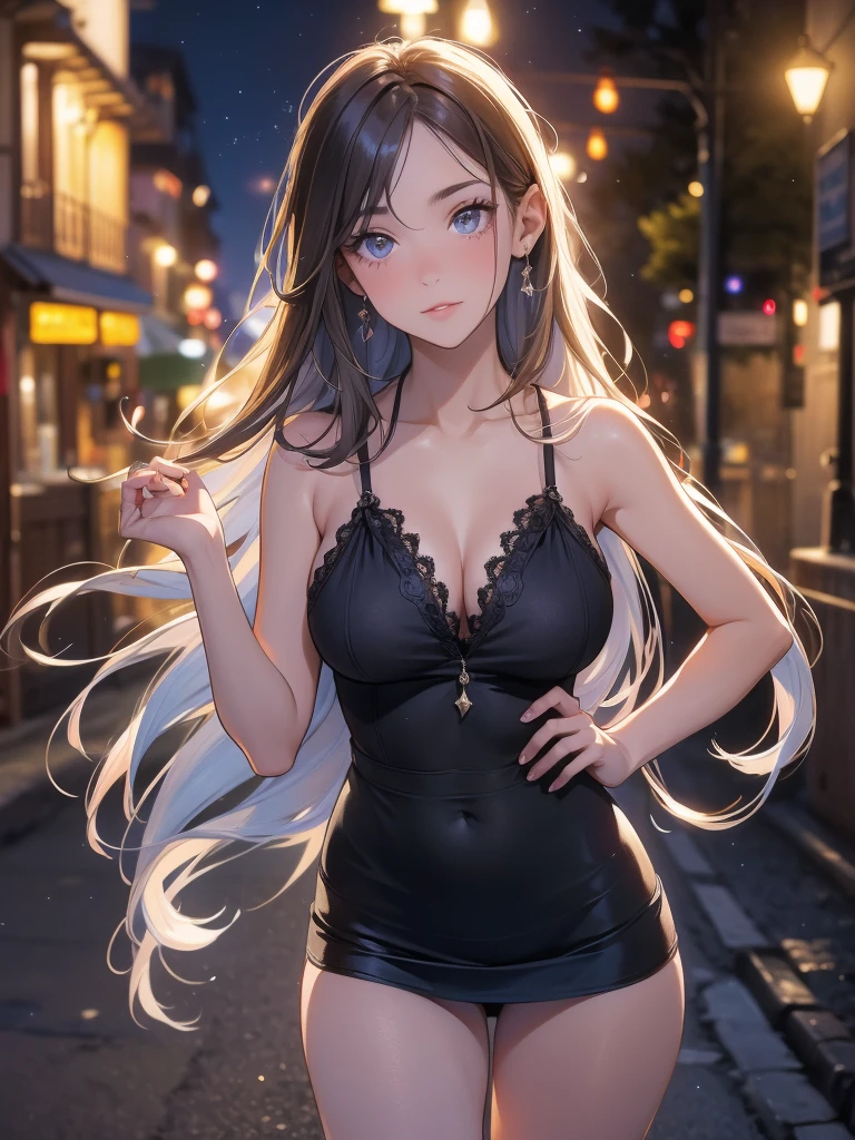 retrato de una mujer europea,20 years old,con pechos grandes,atletica,cabello largo y rubio,desnuda,en una calle nocturna rodeada de autos con luces encendidas,hiperrealista