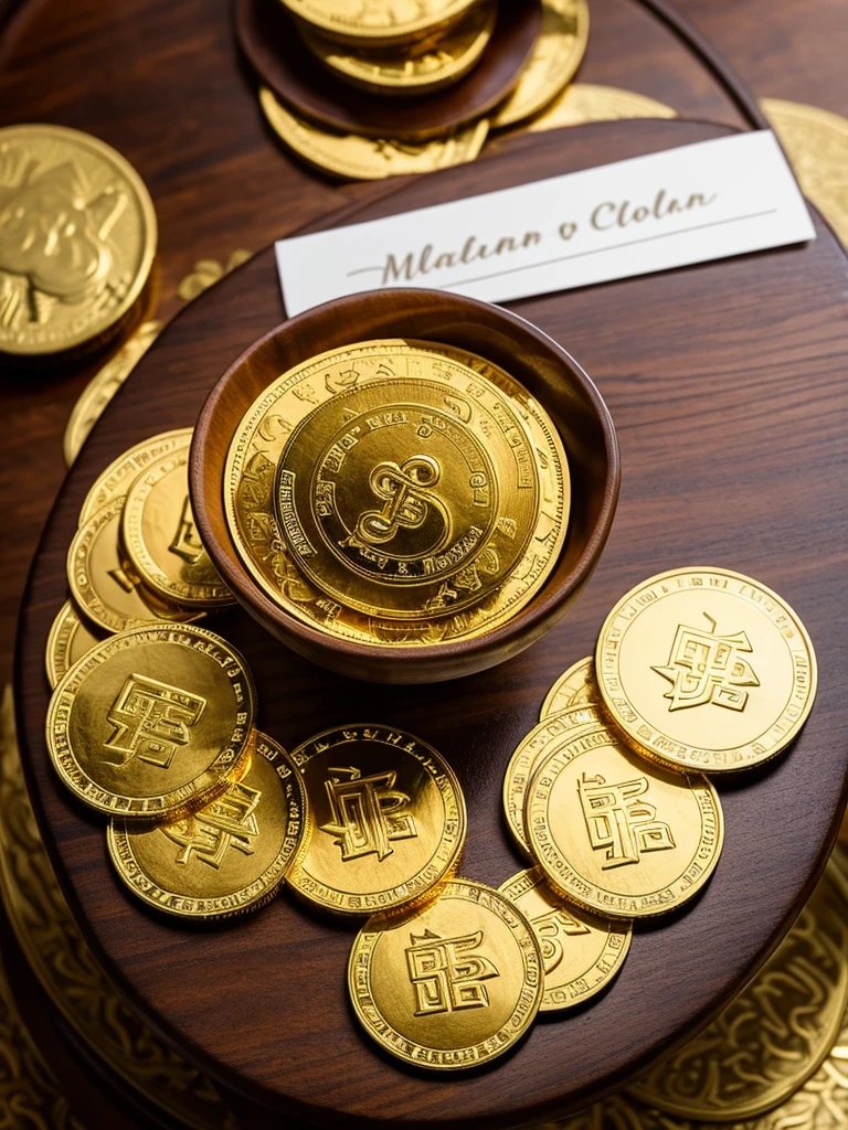 mountain of gold coin on the table,The background is a wooden table, real picture, complicated details, serious, Zoom coin, from above