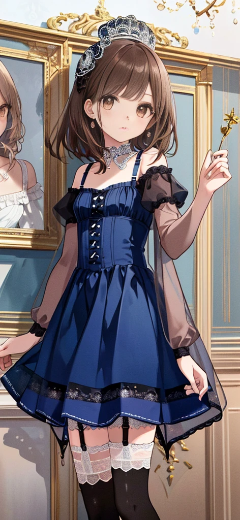 ((masterpiece)), ((best quality)), ((ultra detailed)), ((kawaii)), cute, (lovely), ((extremely detailed)), ((8K)), (beautiful), full body, luxury room, a cute girl, 1girl, solo, blue mini camisole dress,beautiful light brown hair, ((detailed beautiful brown eyes)), white-skinned, flat breast, tiny breast, garter belt,(garter stockings:1.4),pink eyeshadow