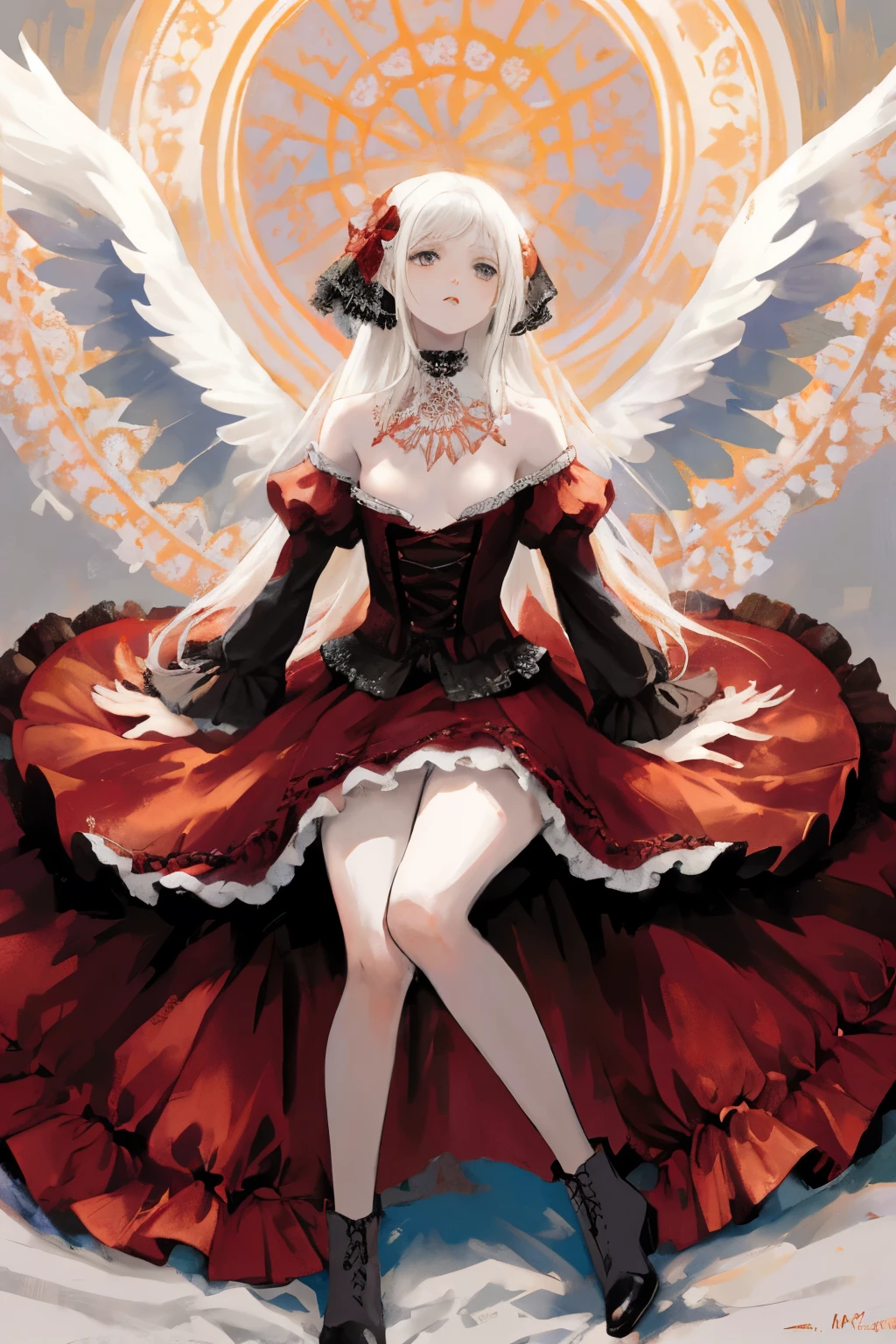  ((best quality)), ((masterpiece)), (detailed), 1girl, Character design, female, dynamic poses, long white grey hair, grey white eyes, very skinny, detailed, best quality, no accesoires around the neck, no shoes, prominent collarbones, skinny arms, flat stomach, visible hip bones, full body, blank white background, plain background, white background, red and white clothing, Bloodborne inspired, occult aesthetic, occult, detailed and intricate steampunk and detailed gothic, NSFW, Very dramatic and cinematic lighting, cosmic horror, grim-dark, side-lighting, perfect face, NSFW, Fluttering lace flared long knee length dress with frilly petticoats, knee length dress, pleated petticoats, petticoats gothic, complex lace boots, side-lighting, gothic aesthetic, wielding a mighty sword with mechanical components, mandalas, small breasts, a fairy, various different types of insect wings, NSFW, full body, whole body, body, plain background, white background, blank background, no background, white background NSFW, chains, full body, whole body, head-to-toe NSFW 
