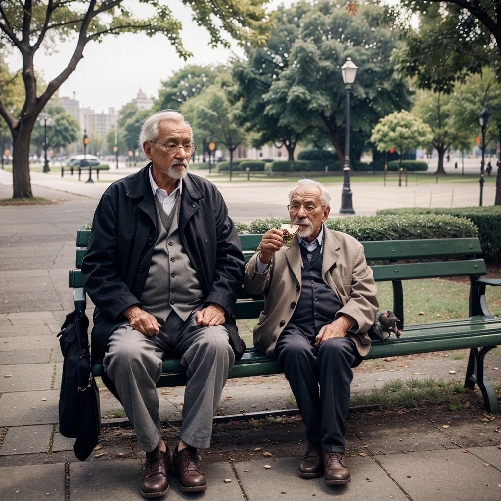 An old man is sitting on a park bench feeding the pigeons, that'Late Afternoon、The sun casts a long shadow, 32K, Intricate details, Cinema Lighting