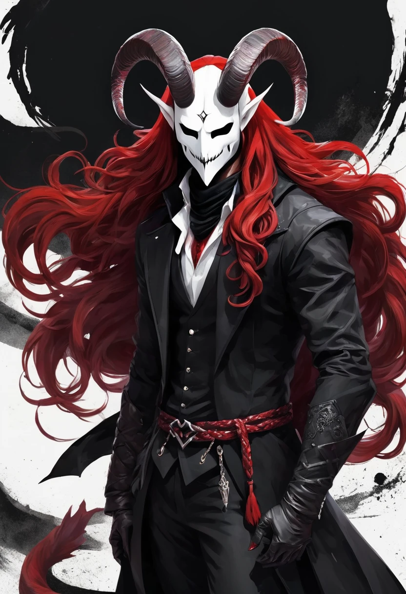 ink, ((demon)), (((male))), male demon, ((scary demon), (((wearing a scary white mask))), blood, (((ram curved horns))), long wavy red hair, (((slavic black full clothes))), medieval scarf, monster claws, animal legs, snake tail,ink,Smudge,Line outline,ink stain,Ink stains