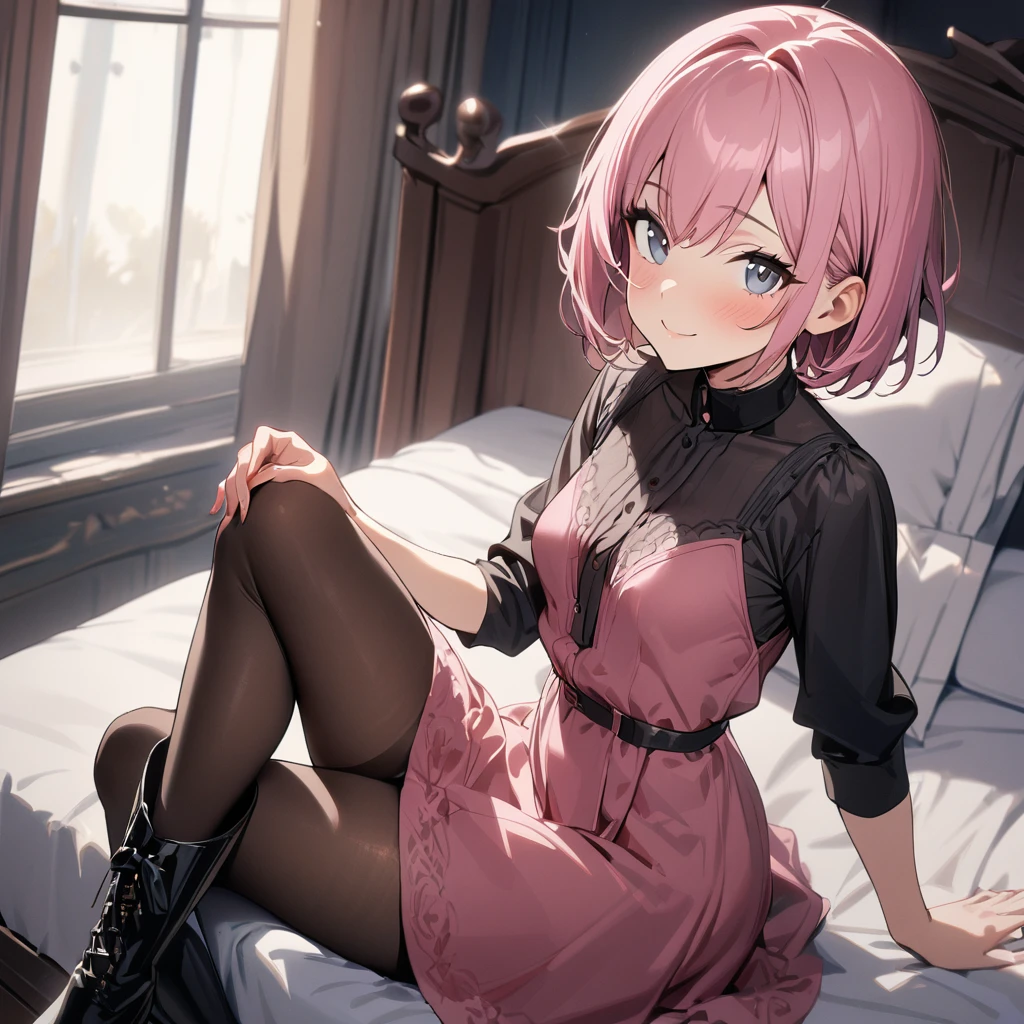 1girl, pink hair, short hair, small breasts, pantyhose, dress, smile, boots, looking at viewer, sitting, bed, masterpiece, best quality, highres, nice hands, perfect hands