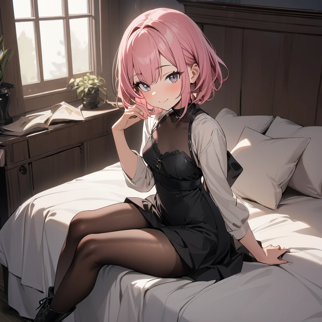 1girl, pink hair, short hair, small breasts, pantyhose, dress, smile, boots, looking at viewer, sitting, bed, masterpiece, best quality, highres, nice hands, perfect hands