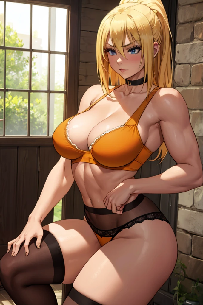 Lalatina Dustiness Ford, hot horny and sexy blonde muscle girl, athletic female body, yellow-orange bra and panties, stockings, choker, only one girl