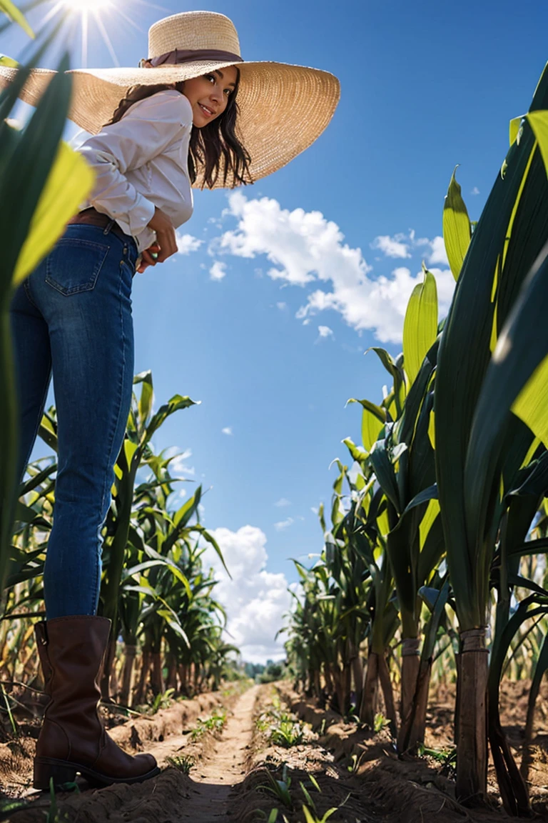 shot by Sony a7 IV Mirrorless Camera, natural light, analog film photo, Kodachrome ,An agronomist woman dressed in jeans and a white long-sleeved shirt, sun hat, and boots, is in a sugar cane field with sunny weather. There are not many clouds in the sky, which is blue. The image should be realistic and in 8k resolution.