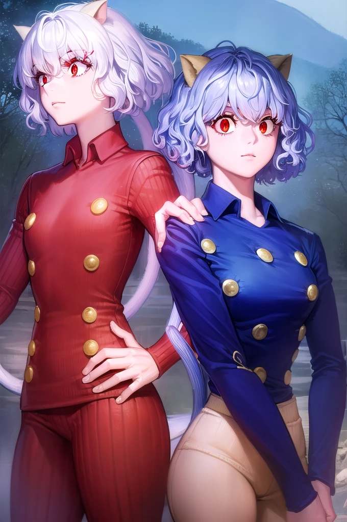 female、tall、29-year-old、adult、Neferpitou, Neferpitou, short hair, Cute face、Cute like an idol、(Red eyes:1.5), Animal ears, Hair between the eyes, tail, Gray Hair, Cat ear, cat tail, Cat girl, Curly Hair,((The background is the countryside、forest、))、Mountains in the distance、blue sky、
break long sleeves, Shorts, Striped, button, brown Shorts, shirt, collared shirt, blue shirt,
break  (Cowboy Shot:1.5),
break (masterpiece:1.2), Highest quality, High resolution, unity 8k wallpaper, (figure:0.8), (beautiful detailed eyes:1.6), extremely detailed face, Perfect lighting, extremely detailed CG, (Perfect hands, Perfect Anatomy),smile、Thick thighs、Uplifting、