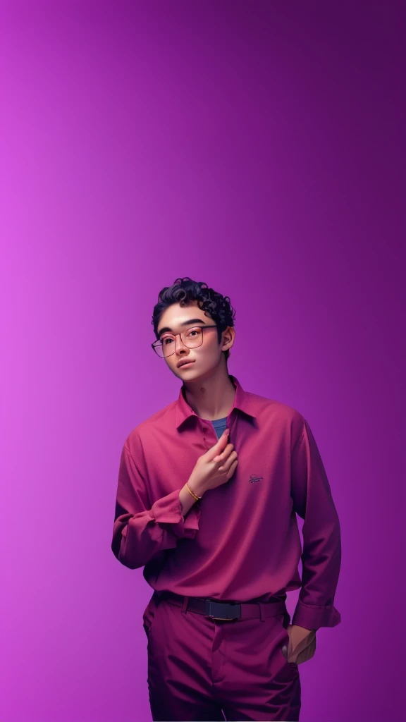 man, glasses, curly hair, purple shirt, Manga Background