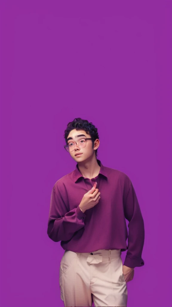 man, glasses, curly hair, purple shirt, Manga Background