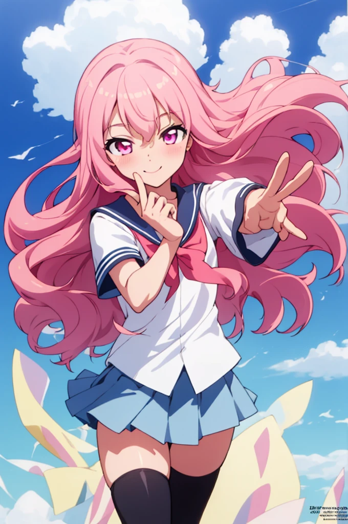 {{masterpiece}},{{best quality}},{{high resolution}},{{caustics}},{{detailed}}, 
 smile,louise francoise le blanc de la valliere,pink_hair,pink_eyes,long_hair,, zettai ryouiki, long hair, skirt, serafuku,