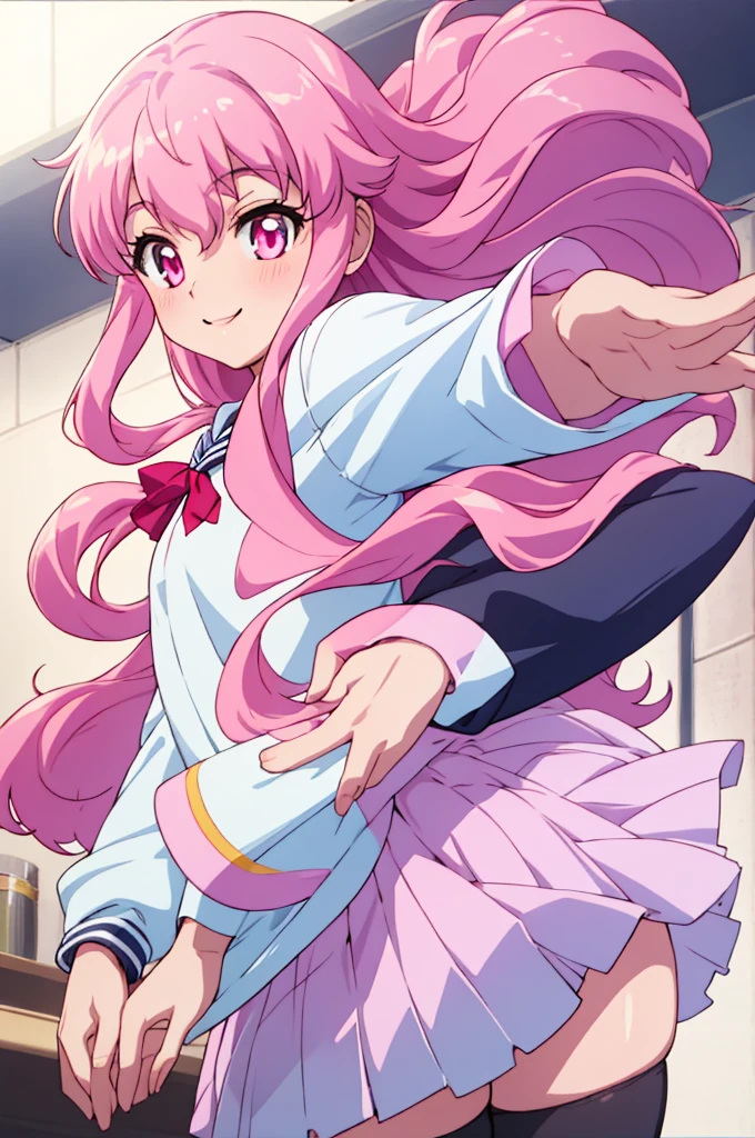 {{masterpiece}},{{best quality}},{{high resolution}},{{caustics}},{{detailed}}, 
 smile,louise francoise le blanc de la valliere,pink_hair,pink_eyes,long_hair,, zettai ryouiki, long hair, skirt, serafuku,