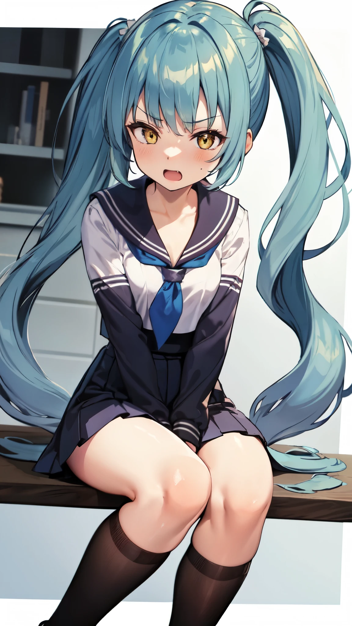 feet,ponytail,Sit on,Embarrassing,Rage,Light blue hair,Yellow Eyes,(Sailor suit),Pleated Skirt,Three white eyes