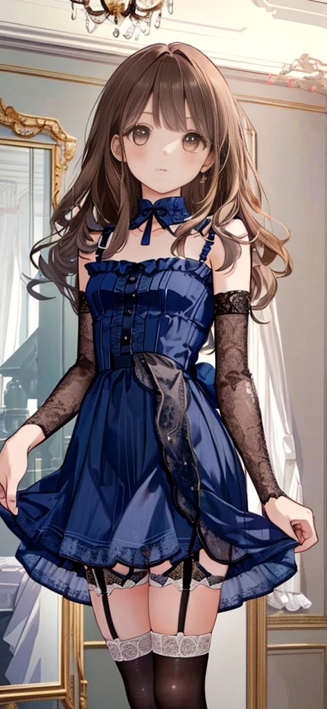 ((masterpiece)), ((best quality)), ((ultra detailed)), ((kawaii)), cute, (lovely), ((extremely detailed)), ((8K)), (beautiful), full body, luxury room, a cute girl, 1girl, solo, blue mini camisole dress,beautiful light brown hair, ((detailed beautiful brown eyes)), white-skinned, flat breast, tiny breast, garter belt,(garter stockings:1.4),pink eyeshadow
