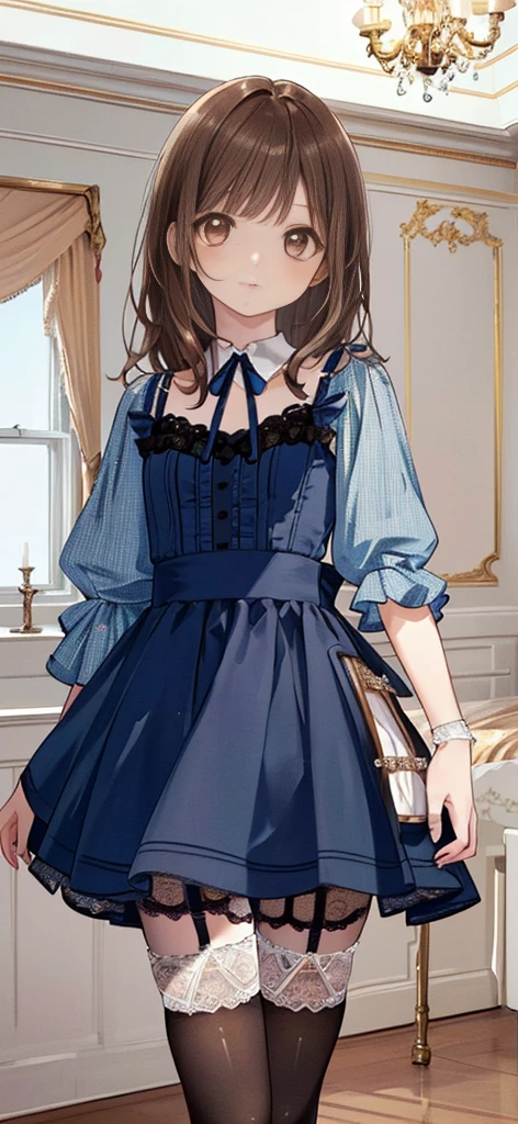 ((masterpiece)), ((best quality)), ((ultra detailed)), ((kawaii)), cute, (lovely), ((extremely detailed)), ((8K)), (beautiful), full body, luxury room, a cute girl, 1girl, solo, blue mini camisole dress,beautiful light brown hair, ((detailed beautiful brown eyes)), white-skinned, flat breast, tiny breast, garter belt,(garter stockings:1.4),pink eyeshadow