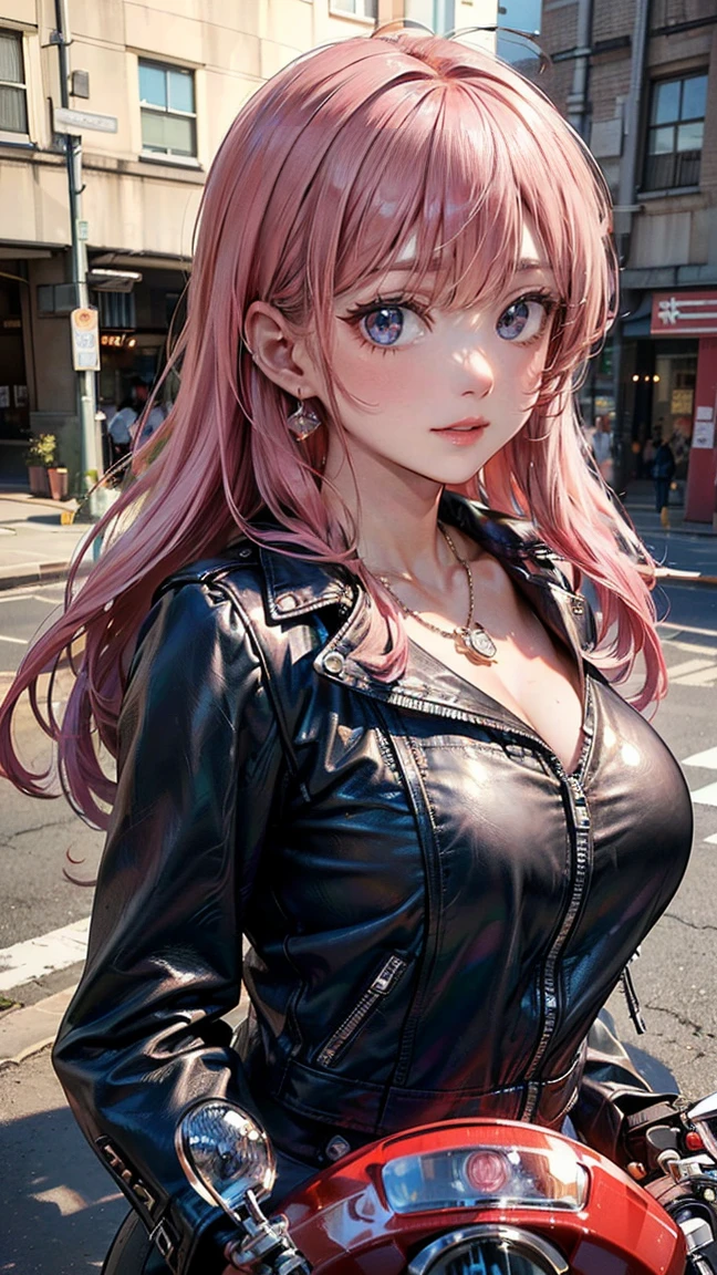 (Masterpiece, BestQuality:1.3), (ultra detailed:1.2), (hyperrealistic:1.3), (RAW photo:1.2), High detail RAW color photo, professional photograph, (Photorealistic:1.4), (realistic:1.4), professional lighting, perfect anatomy, (Big Breasts:1.2), (blush, detailed face), (cheerful Smile:1.5), Trending Hair&Trending Hairカラーをランダムに, earrings, necklace, bracelet, sexy, erotic sexy, Random sexy gravure poses, (Beautiful woman in a black leather jacket。The background is an industrial area。The expression is a cool smile。Her hair is long and straight, with pink hair.。The pose is astride a large motorcycle.。:1.3)