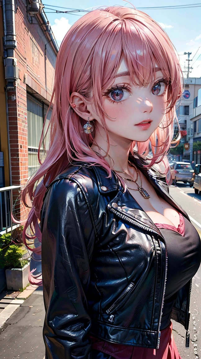(Masterpiece, BestQuality:1.3), (ultra detailed:1.2), (hyperrealistic:1.3), (RAW photo:1.2), High detail RAW color photo, professional photograph, (Photorealistic:1.4), (realistic:1.4), professional lighting, perfect anatomy, (Big Breasts:1.2), (blush, detailed face), (cheerful Smile:1.5), Trending Hair&Trending Hairカラーをランダムに, earrings, necklace, bracelet, sexy, erotic sexy, Random sexy gravure poses, (A beautiful pink-haired woman wearing chic black high heels, a jacket and a miling in front of an office building。She has a professional smile。:1.3)