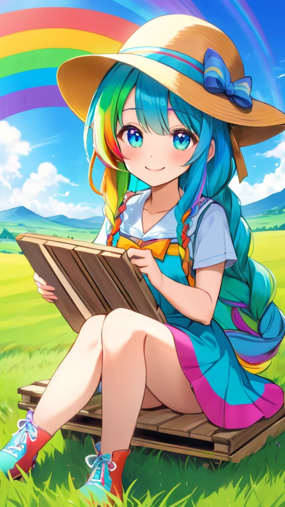 1 Female, Beautiful, Humble, Kind, mature, long hair upper waist Stright Braided Hairstyles, Aqua blue pupil eyes colour, Multi-haired Colours bright cyan Hairs, wear coppola hat rainbow colours, rainbow dress flowing with skirt, holding small brush and small hand pallet sit on grass front smiling, Open grassland background in the morning. Anime style, vivid colours. 