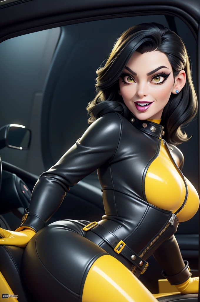 obra prima, melhor qualidade, (emma peel vamp 70yo face wrinkles) head back, sassy wicked girl, big toothy smile, open mouth, (shiny fat black lipstick,) thick smoky black eye shadow, long fake eyelashes, raven black mullet hair, ((totally yellow leather spy girl suit,)) with studs zippers snaps, shiny leather gloves, body is skinny, reclining in car seat, dazzle pose, pinup pose, exaggerated selfie pose, camera view of the back of her body, looking down at me, shallow depth of field, highres, HD, 8k, anatomically correct