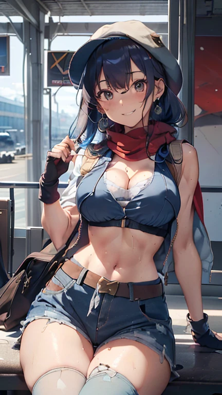 最high quality、Best image quality、masterpiece、age Girl((18 years old、 By becoming、Vest Bust、(((Full and soft breasts,)))(((Large Breasts))) (((Cleavage))),,Big Chest Tea、Black eyes, Light blue hair、Long hair、Thin,Highest peak、Punching gloves、Blue earrings、scarf、Lovely smile、Sweating、Wear the jacket around your waist、Blue Hat、Red Smoke Sunglasses、Blue vest、Military Pants、Squat、Shoulder Bags)),high quality、Beautiful Art、background((at the airport)),Fragments flying、Writing border depth、、visual art、Perfect Art、8K,real