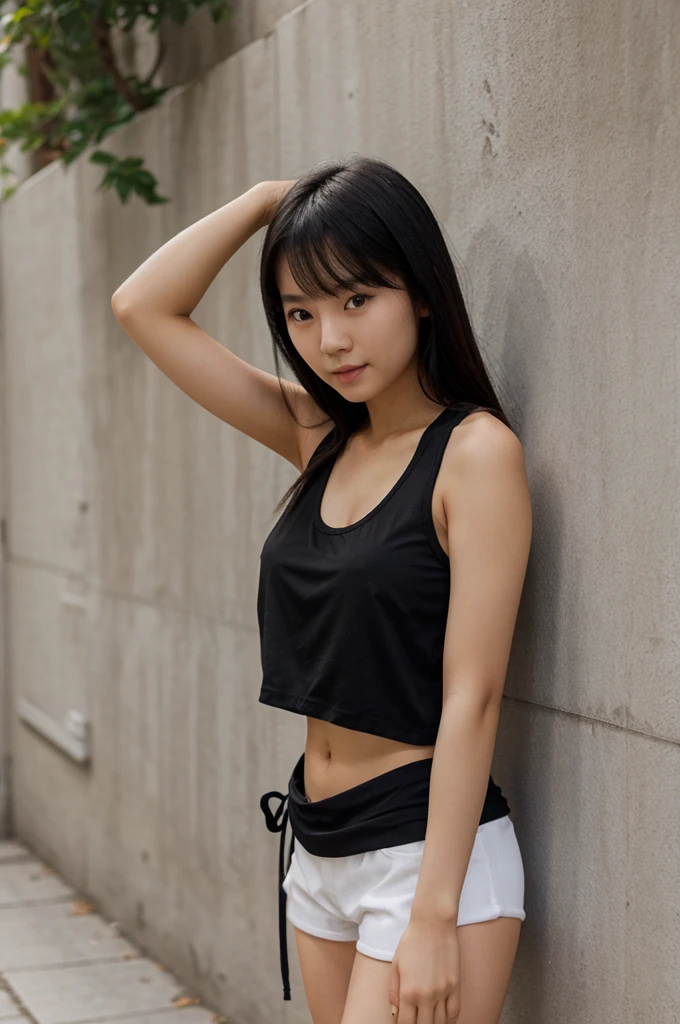 Asian girl, black tank top white shorts