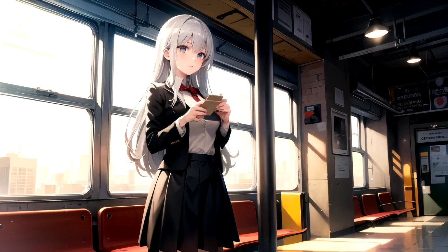 ((best quality)), ((masterpiece)), (detailed), 1 woman, silver long hair, side, subway platform, skirt