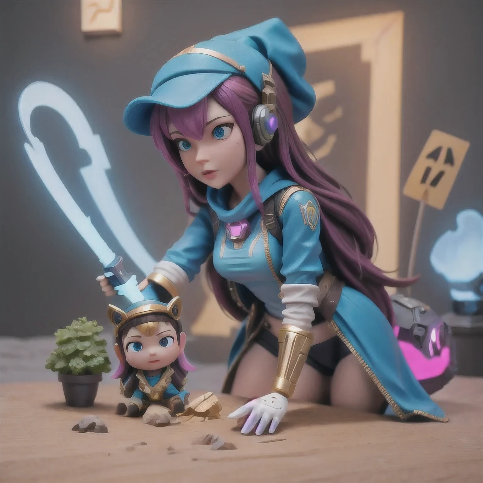 there is a small toy of a woman with a sword in a cave, cute 3 d render, stylized 3d render, 4 k octan render, 8k high quality detailed art, 3 d render stylized, for hire 3d artist, fantasy beekeeper, anime styled 3d, high res render, 3 d clay render, 3d clay render,a close up of a statue of a woman with a blue cape and a pink hat, rendered in sfm, from overwatch, artstation masterpiece, echo from overwatch, cinematic bust shot, overwatch fanart, overwatch inspired, 3 d render character art 8 k, d. va from overwatch, 8k render”, wlop : : 6 octane render : : 3