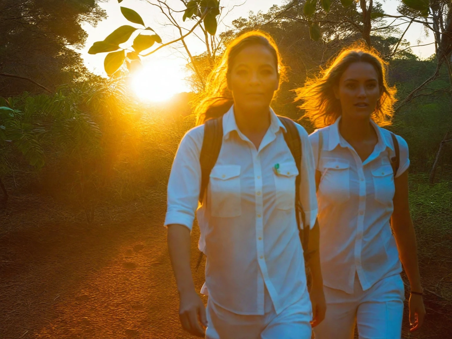andando na floresta em um entardecer  de sol poente cor laranja 