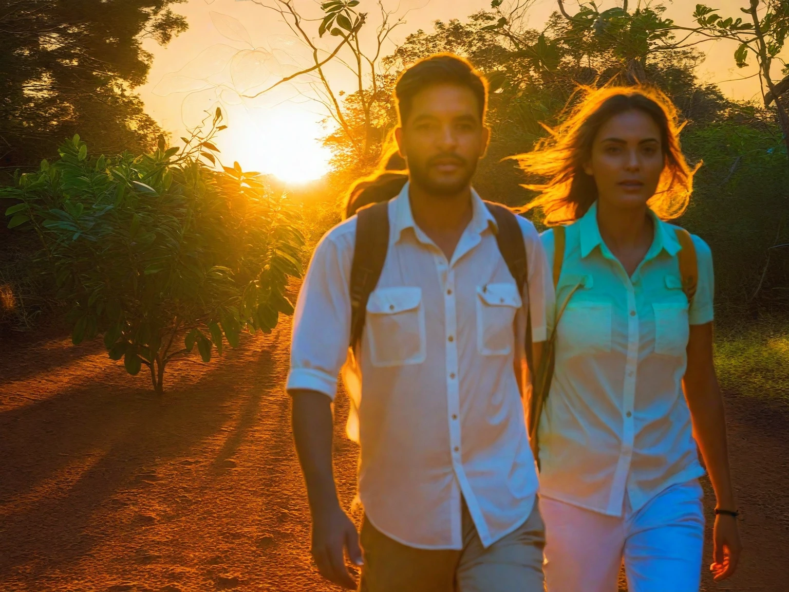 andando na floresta em um entardecer  de sol poente cor laranja 