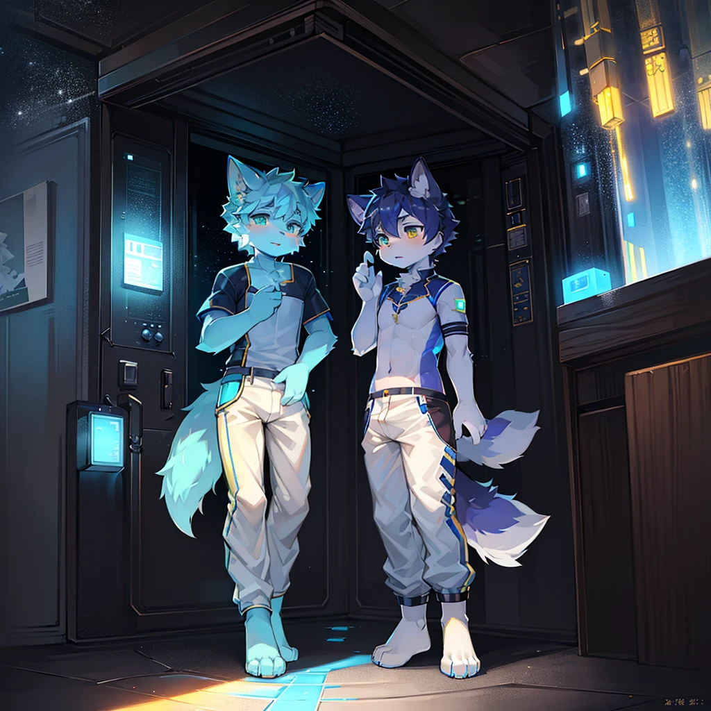 "(High quality sci-fi scenery and shadows，Ray Tracing，Particle Effects，8k resolution)，(Cat-eared Shota boy and oversized wolf tail+The ears are big and long)of(White luminous pants+皮毛是白色of+Yellow and blue luminous clothes)，Wearing futuristic sci-fi naval command，Space Helmet，goggles， Foot close-up，散发着神秘又英气of可爱气质。"
