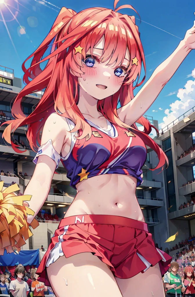 itsukinakano, Itsuki Nakano, bangs, blue eyes, hair between eyes, Ahoge, Redhead, star \(symbol\), happy smile, smile, Open your mouth,hair ornaments, star hair ornaments,(cheer leading), (whole body), Big Breasts, Lower, (Sweaty), Sweaty Wet Clothes (Red clothes), No sleeve,Belly button support, playground, (Jump), (Jump), 足を曲げてJumpする, air, blue sky, Grass原, smileのチアリーダー, Pom-pom \(cheer leading\), Grass, whole bodyがイラストに入るように,
break outdoors, Stadium,
break looking at viewer, whole body,
break (masterpiece:1.2), Highest quality, High resolution, unity 8k wallpaper, (shape:0.8), (Fine and beautiful eyes:1.6), Highly detailed face, Perfect lighting, Highly detailed CG, (Perfect hands, Perfect Anatomy),