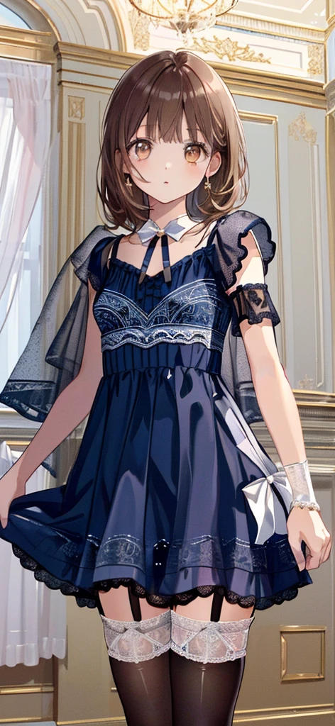 ((masterpiece)), ((best quality)), ((ultra detailed)), ((kawaii)), cute, (lovely), ((extremely detailed)), ((8K)), (beautiful), full body, luxury room, a cute girl, 1girl, solo, blue mini camisole dress,beautiful light brown hair, ((detailed beautiful brown eyes)), white-skinned, flat breast, tiny breast, garter belt,(garter stockings:1.4),pink eyeshadow