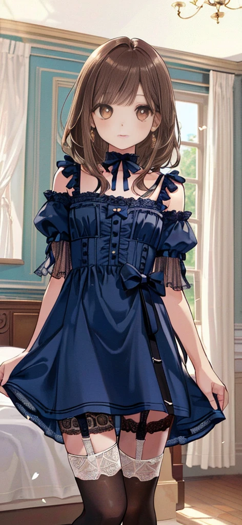 ((masterpiece)), ((best quality)), ((ultra detailed)), ((kawaii)), cute, (lovely), ((extremely detailed)), ((8K)), (beautiful), full body, luxury room, a cute girl, 1girl, solo, blue mini camisole dress,beautiful light brown hair, ((detailed beautiful brown eyes)), white-skinned, flat breast, tiny breast, garter belt,(garter stockings:1.4),pink eyeshadow